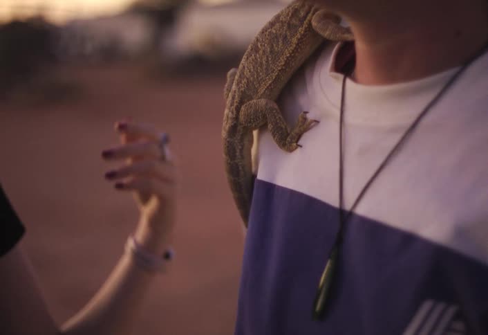 Reptile crawls up onto the shoulder of a man talking outdoors