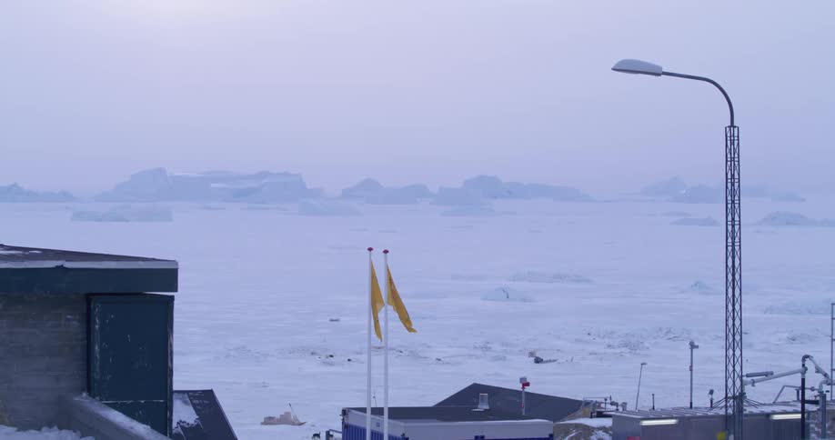 Flags at a polar coastal facility with frozen sea and icebergs in the background under a cloudy sky