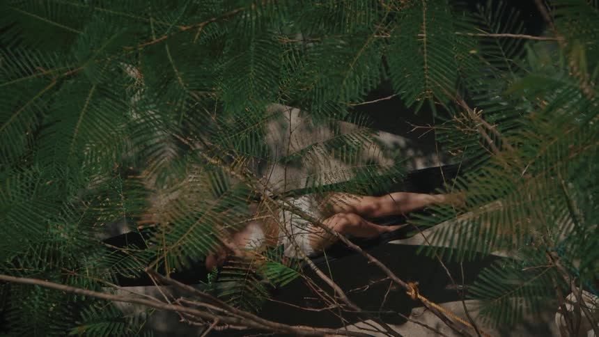 A view through green fernlike leaves shows a woman in a white bathing suit lying on a dark surface in a sunlit area