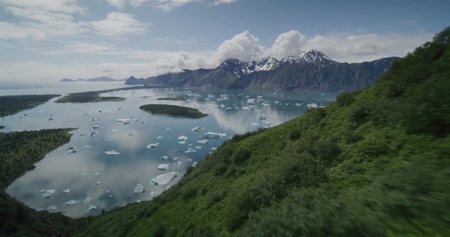 Forests and mountains along the coast with large pieces of ice floating on the water