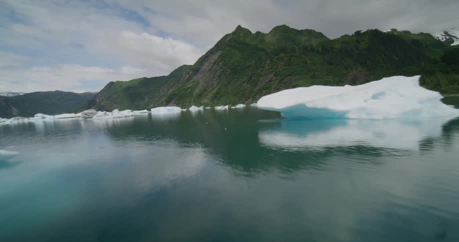 A lake filled with small icebergs at the base of lush green mountains under a cloudy sky