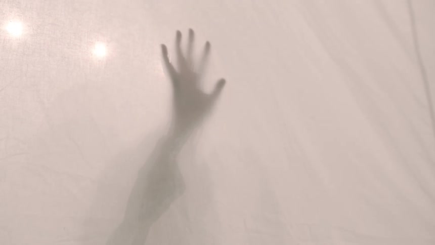 A woman holds her hand up to a translucent piece of fabric