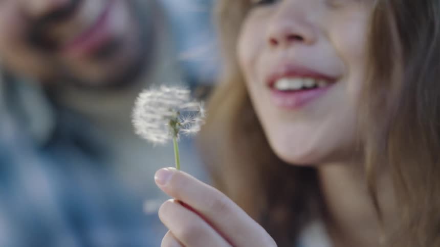 Little girl blows on a dandelion while the seeds scatter in the air sitting next to her father
