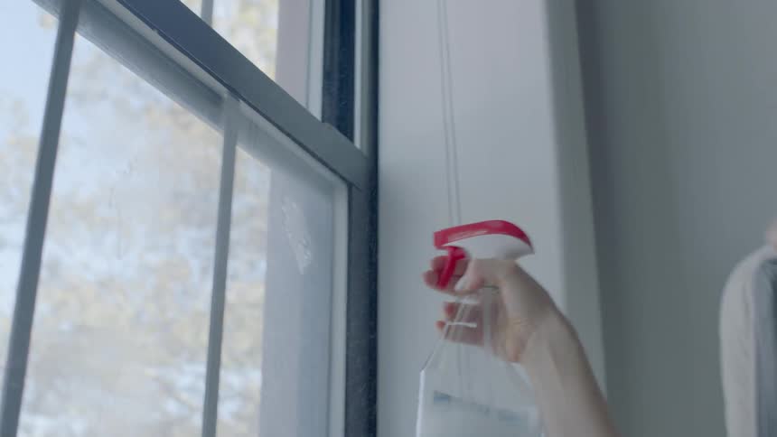 Woman smiling while spraying window cleaner on window in home