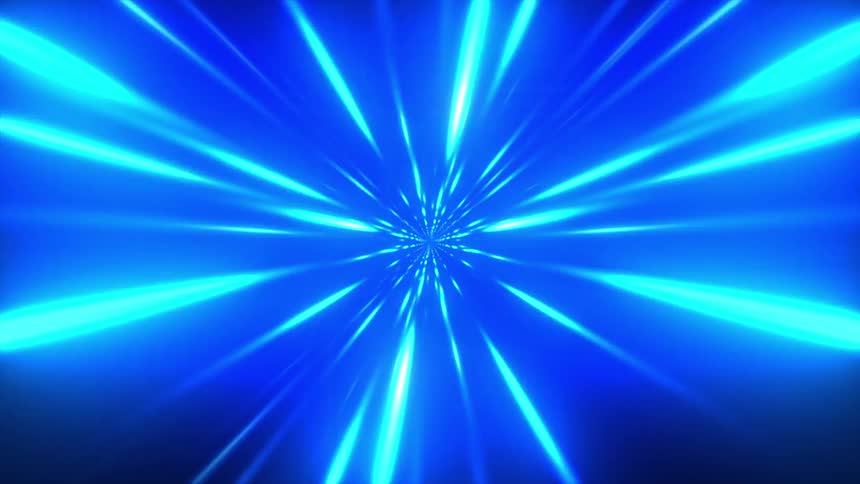 Blue light beams converge toward a central point against a dark background
