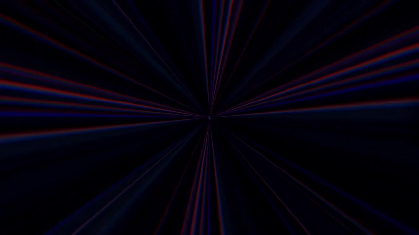 A disorienting rush through a tunnel of light beams with the perspective accelerating as the colors strobe violently between intense red and electric blue