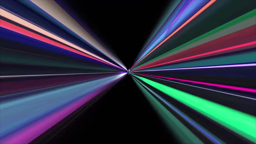 A view from the center shows multicolored neon lights radiating outward in a dark space