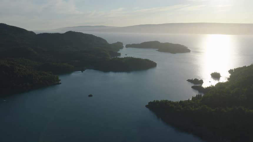 An aerial view of a lake with trees around the banks