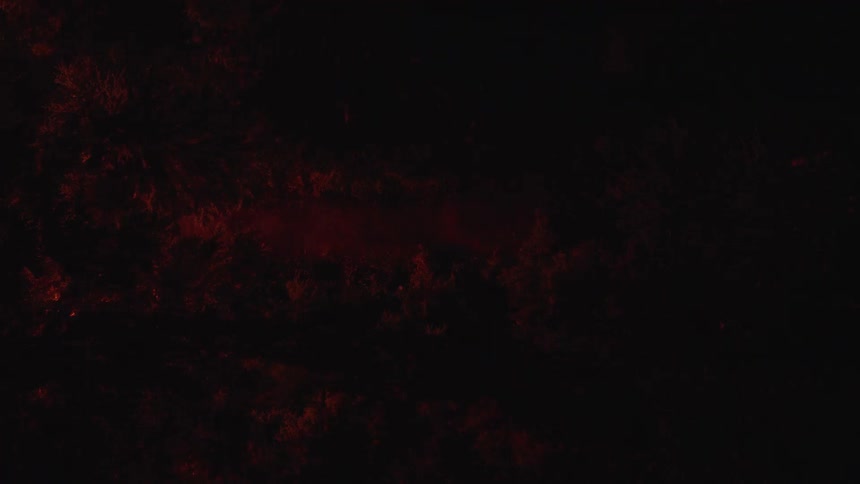 An aerial shot looks down on a forest at night as a bright orange glow from an unseen source illuminates the dense treetops before slowly fading to black