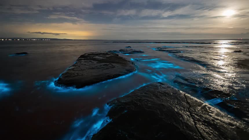 A view of waves and bioluminescence outdoors at dusk