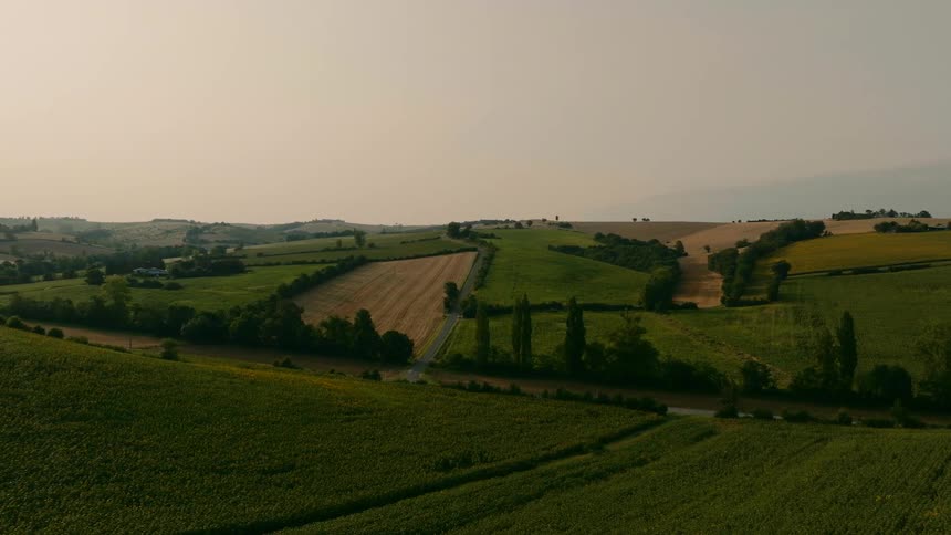 The long green farmland has heavy clouds above