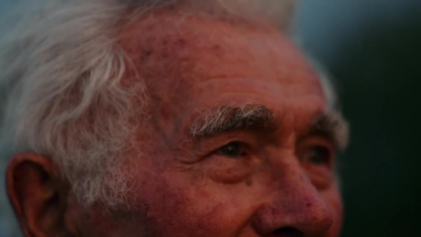 Upper part of elderly persons face with white hair and aged skin under soft lighting