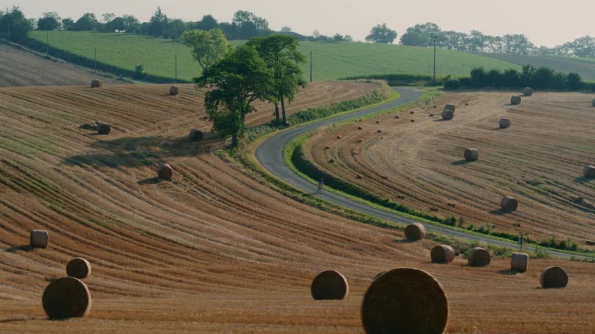 An aerial view of a farm with hills