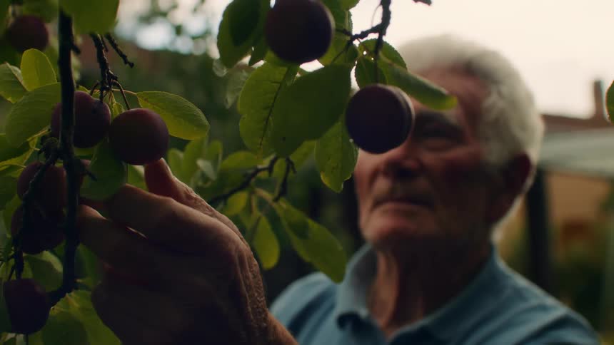 An elderly man with white hair carefully inspects and picks dark plums from a leafy tree in a backyard garden