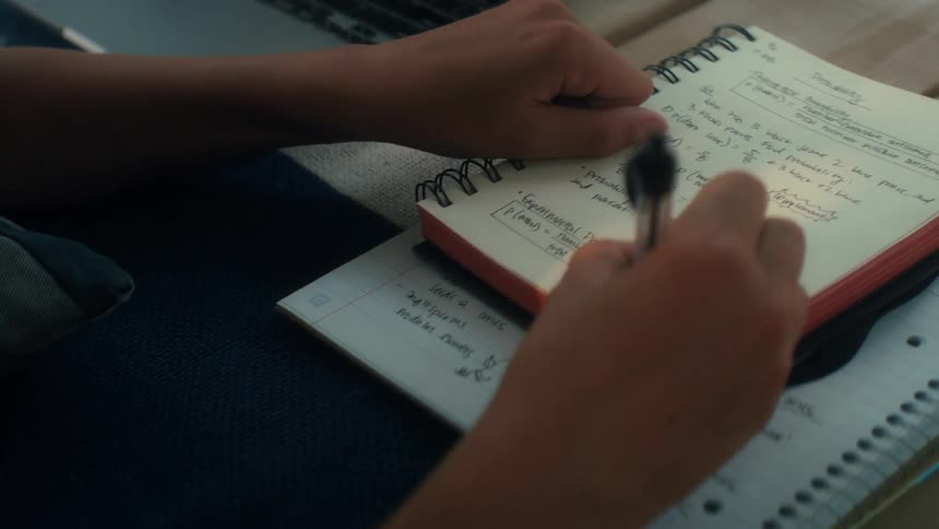A young boy is writing in their notebook doing homework for school outside in the sunlight