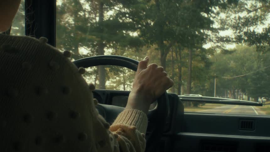 Shoulder and arm of a woman driving an automobile on a road lined with trees