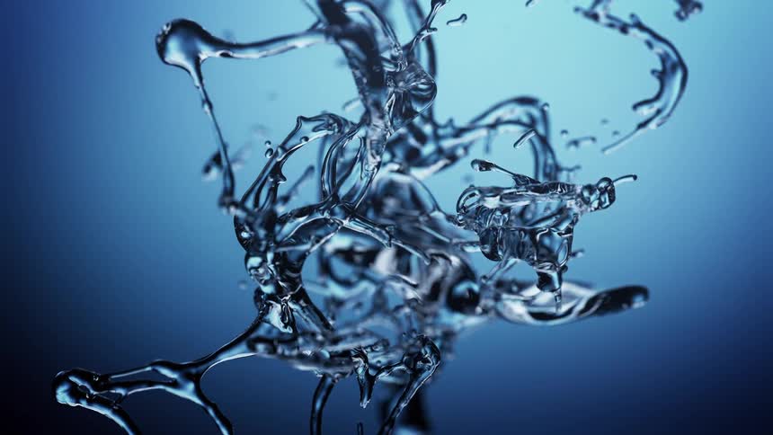 A dynamic and intricate splash of clear liquid is frozen in time its sculptural form and tiny droplets suspended against a deep blue gradient background