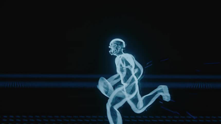 American football player in holographic representation runs with the ball over a dark surface