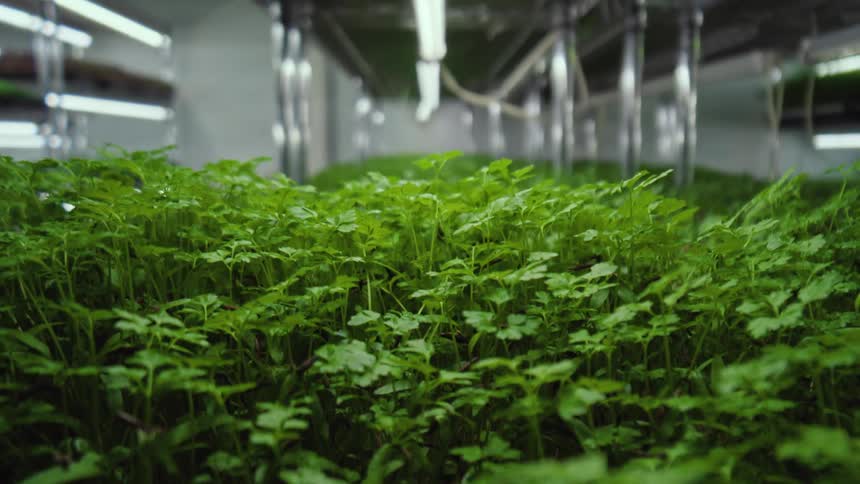 A largescale vertical farm with rows of seedlings growing under artificial lights on metal racks in a clean industrial facility