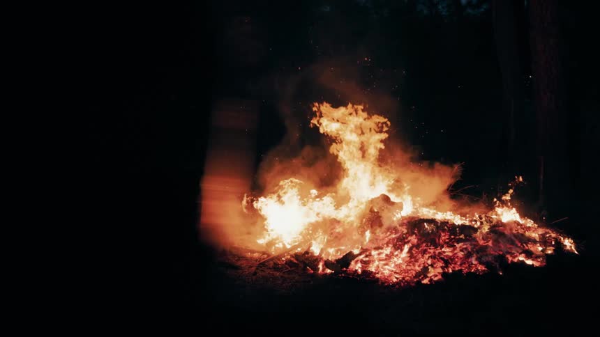 A large bonfire burns brightly in the darkness of a forest at night casting sparks into the air as flames consume the wood