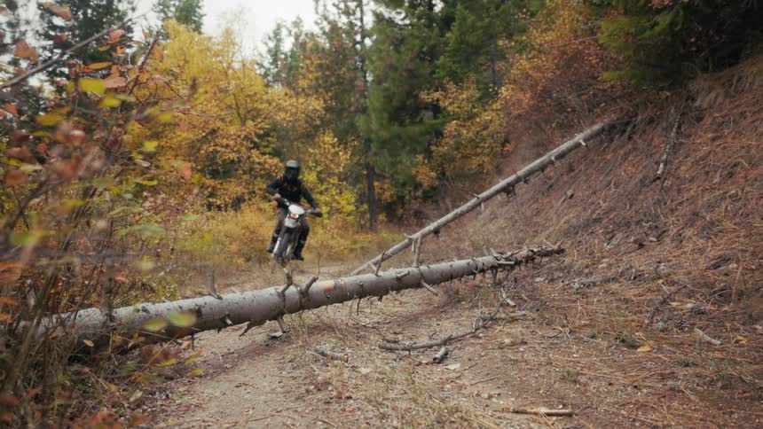 Motocross rider jumping over a log obstacle on a dirt trail in a forested area