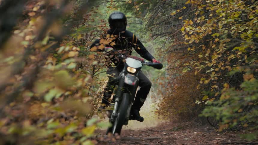A helmeted dirt bike rider races down an autumn forest trail motion blur and drifting dust capturing the speed and energy of the ride
