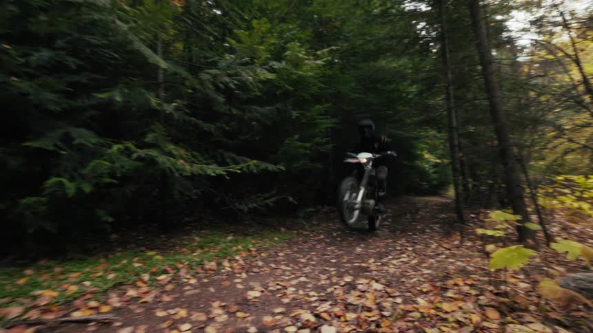 Motocross rider traveling along a forest trail covered with fallen leaves