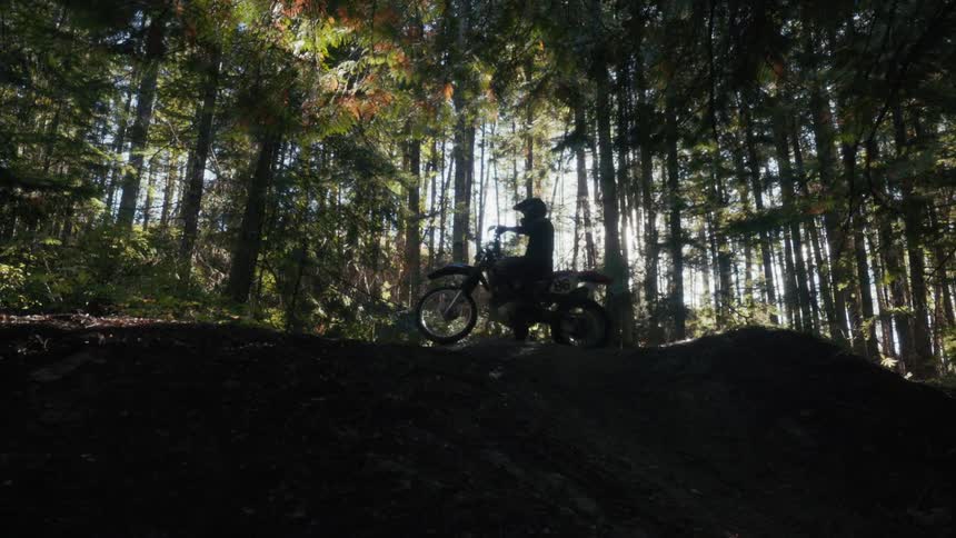 A silhouetted dirt bike rider stands still on a small hill within a dense sundappled forestgolden sunlight filters through the tall evergreen trees creating a dramatic backlighting effect against the dark terrain