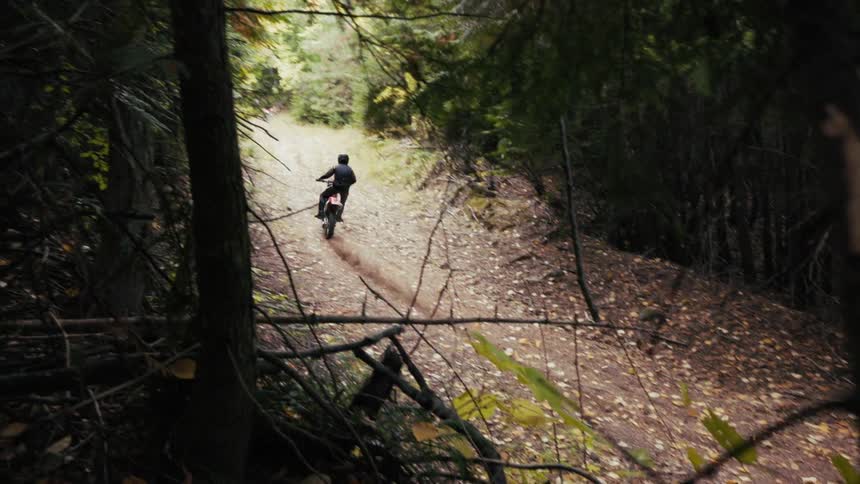 A motorcyclist clad in dark gear speeds down a narrow sundappled dirt path winding through a dense autumnal forest as the rider moves further into the distance the camera captures the action through a natural frame of overhanging branches and fallen l