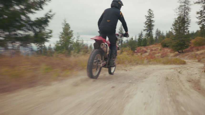 A man wearing a black helmet and dark riding gear moves quickly on a motorcycle along a dirt road through an open field with sparse trees under an overcast sky