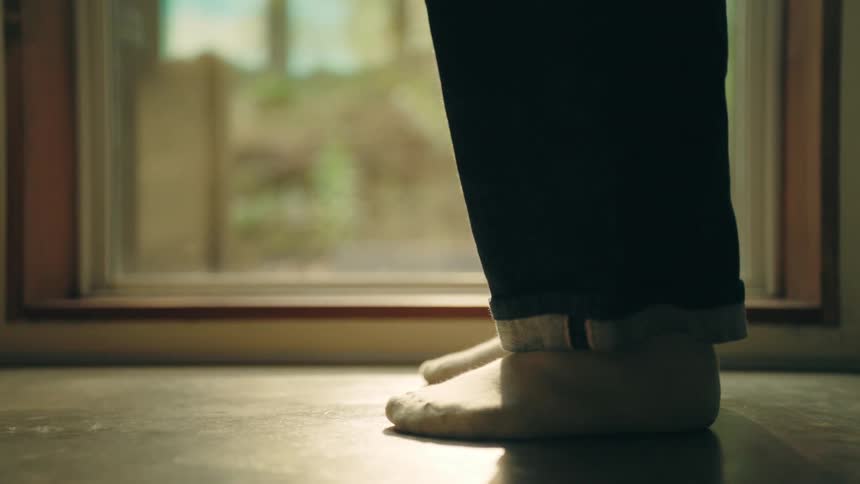 The person walks past the window