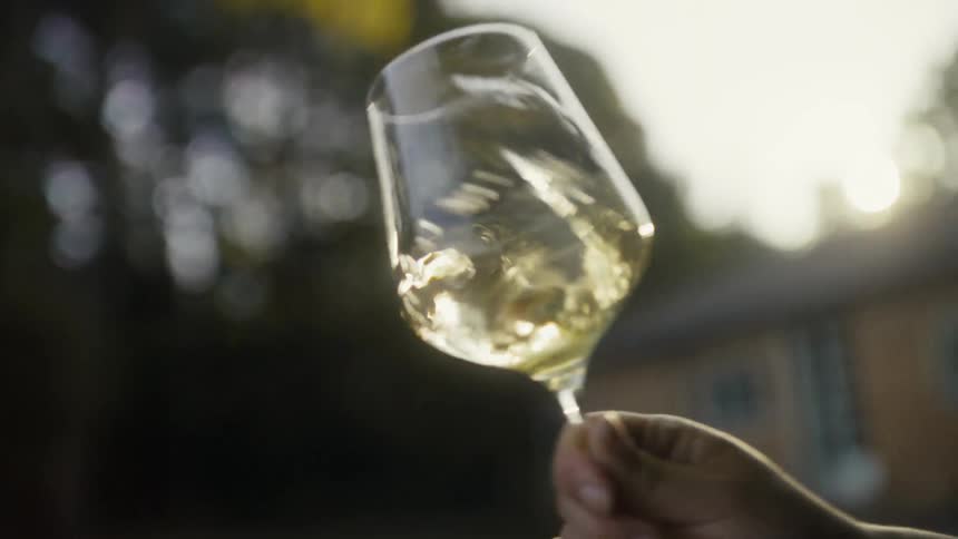 The person shakes a glass of wine in the yard