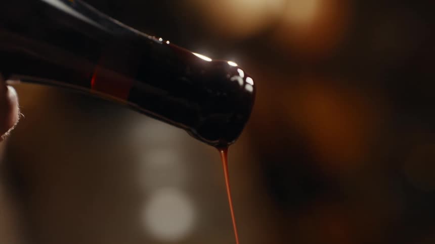 Thick liquid slowly pours from dark bottle with warmtoned blurred background