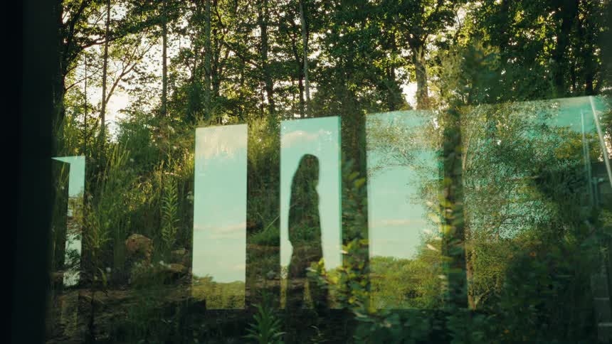 A reflection of a woman in a window looking out on a forest