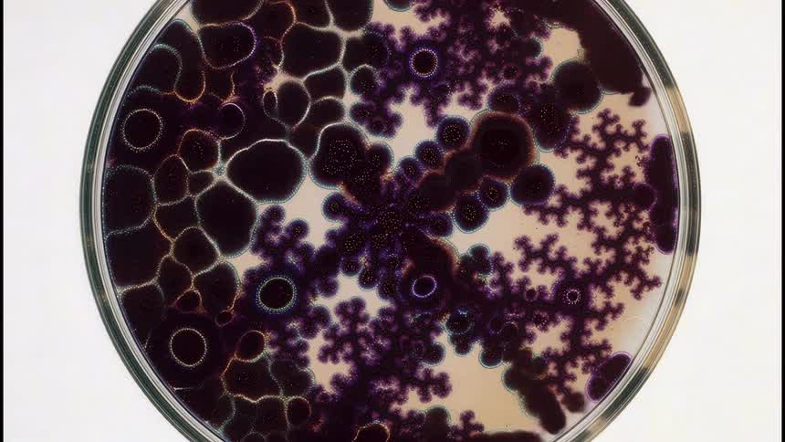A time lapse video shows dark branching bacterial colonies rapidly growing and spreading across the surface of a light colored agar medium in a circular petri dish