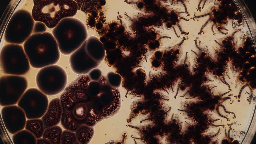 Dark microscopic patterns with branched and circular structures distributed across a light surface
