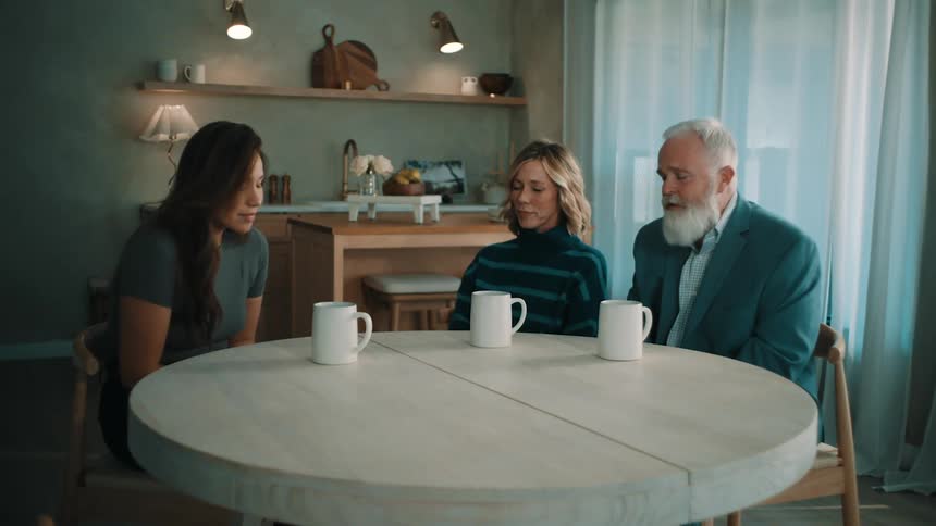 People sitting at a table with coffee having a conversation