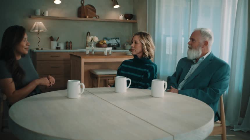 A man and two women sit around a kitchen table and have a conversation while drinking from white mugs
