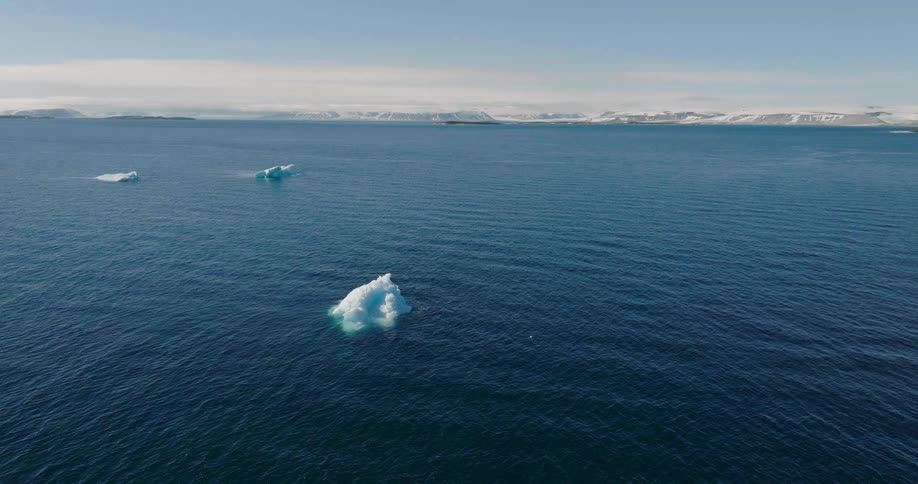 Icebergs are floating in the ocean far off the coast