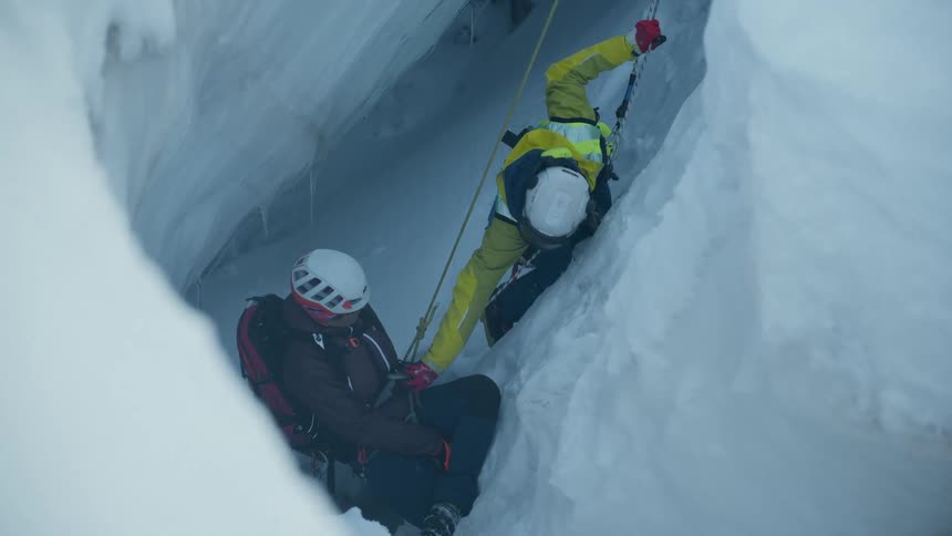 A rescue operation inside a crevasse