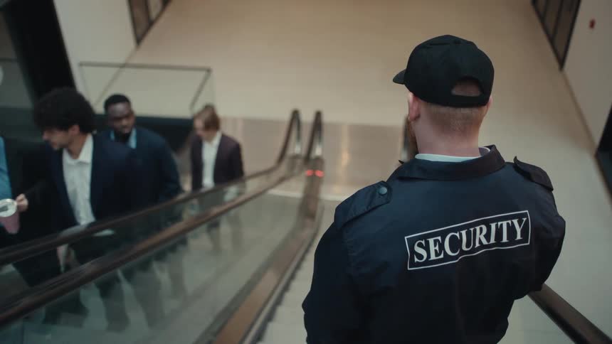 Security guard rides a mall escalator down and waves to people on the other side going up