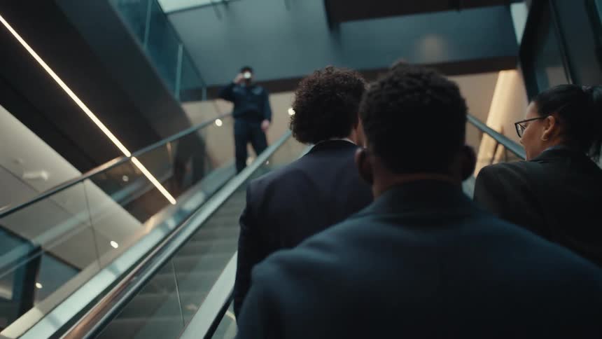 A group of workers going up an escalator at an office