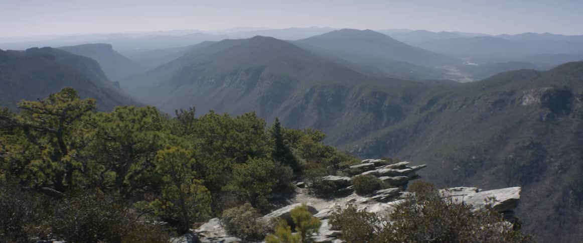 View of a rocky landscape and tree covered mountains