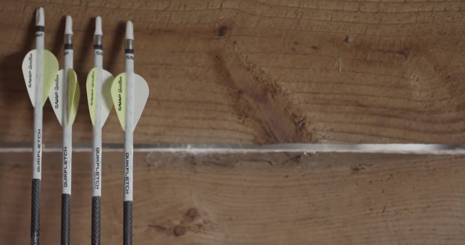 Four arrows lined up against a wood wall