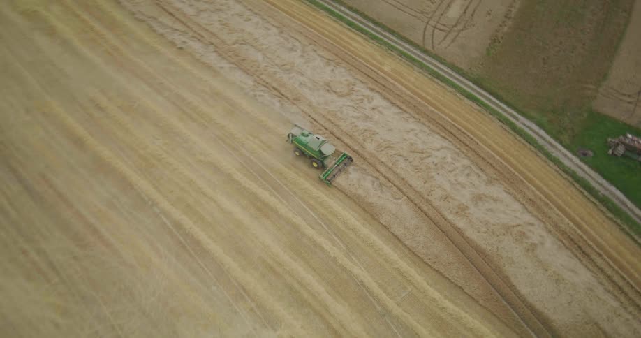 An aerial shot zooms in on a green combine harvester as it harvests a vast golden field