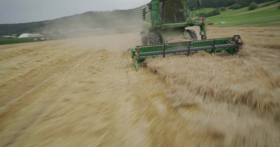 Agricultural harvester moving across a grain field with dust rising behind
