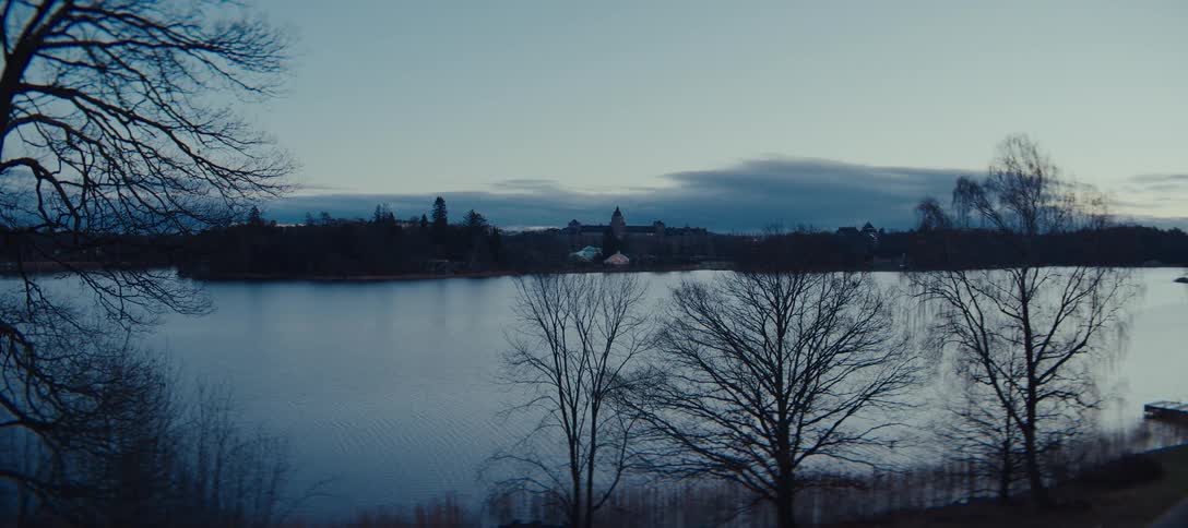 A view through bare trees shows a calm lake with a large building situated on the opposite shore under a dark blue sky at dusk