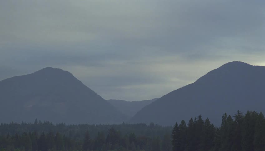 Fog covers mountains and the nearby forest on an overcast day
