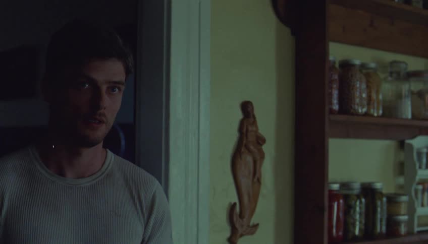 Man indoors with a serious expression standing in front of household shelves