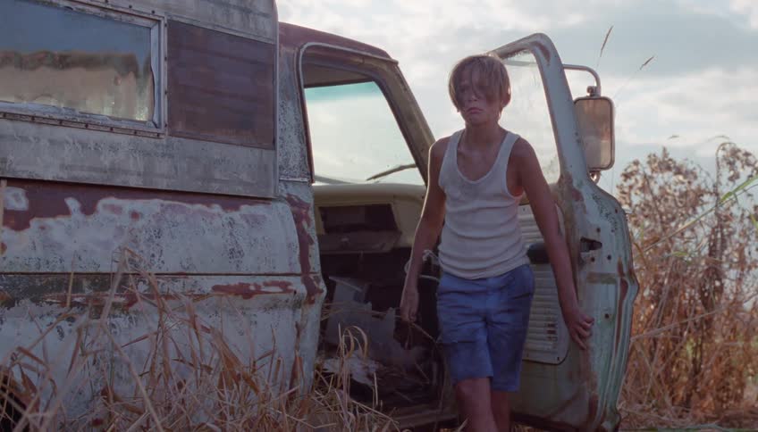 Boy standing beside an old pickup truck with an open door in a rural area